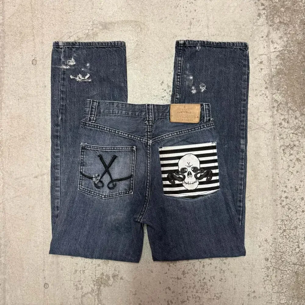 Leverage Palancada Vintage Y2K Embroidered Skull and Scissor Pocket Denim Jeans